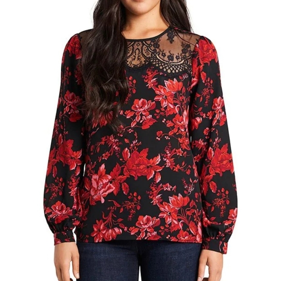 Vince Camuto Long Sleeve Lace Yoke Floral Pleat Front Blouse - Picture 1 of 9